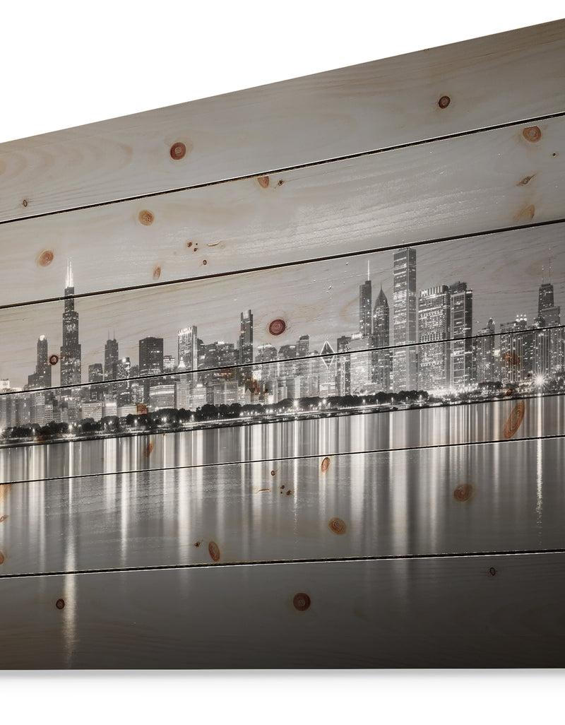 DesignQ Chicago Skyline At Night Black And White - Cityscape Print On Natural Pine Wood