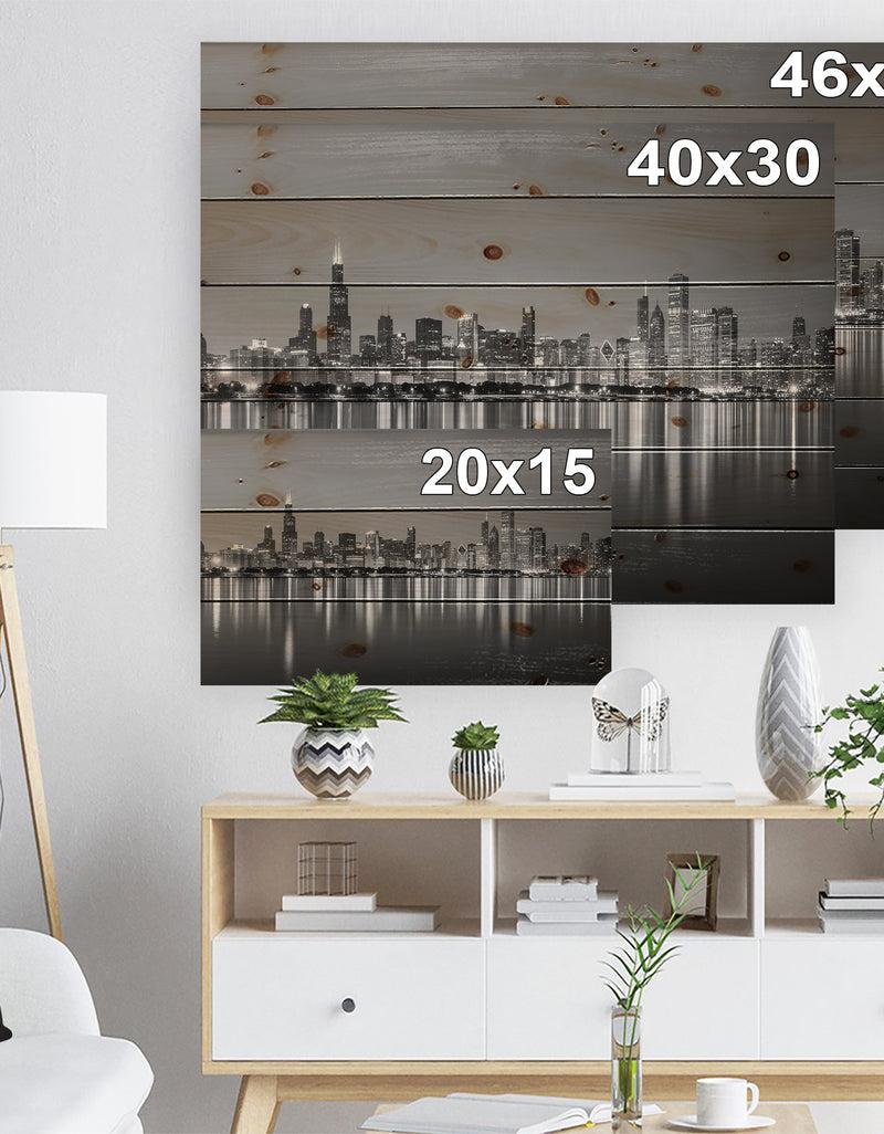 DesignQ Chicago Skyline At Night Black And White - Cityscape Print On Natural Pine Wood