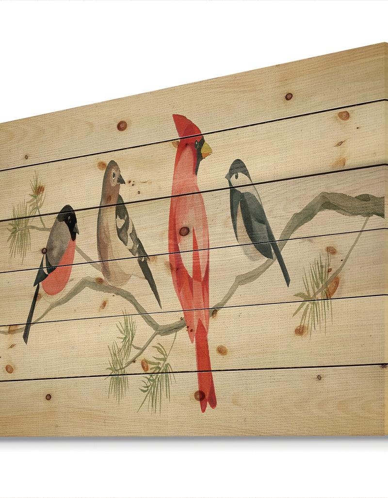 DesignQ Chickadee And Red Farmhouse Bird On Branch - Modern Farmhouse Print On Natural Pine Wood