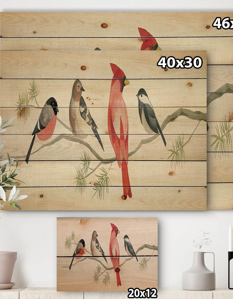 DesignQ Chickadee And Red Farmhouse Bird On Branch - Modern Farmhouse Print On Natural Pine Wood