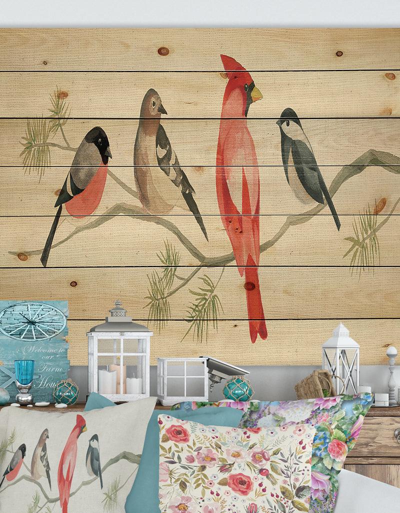 DesignQ Chickadee And Red Farmhouse Bird on Branch - Modern Farmhouse Print on Natural Pine Wood