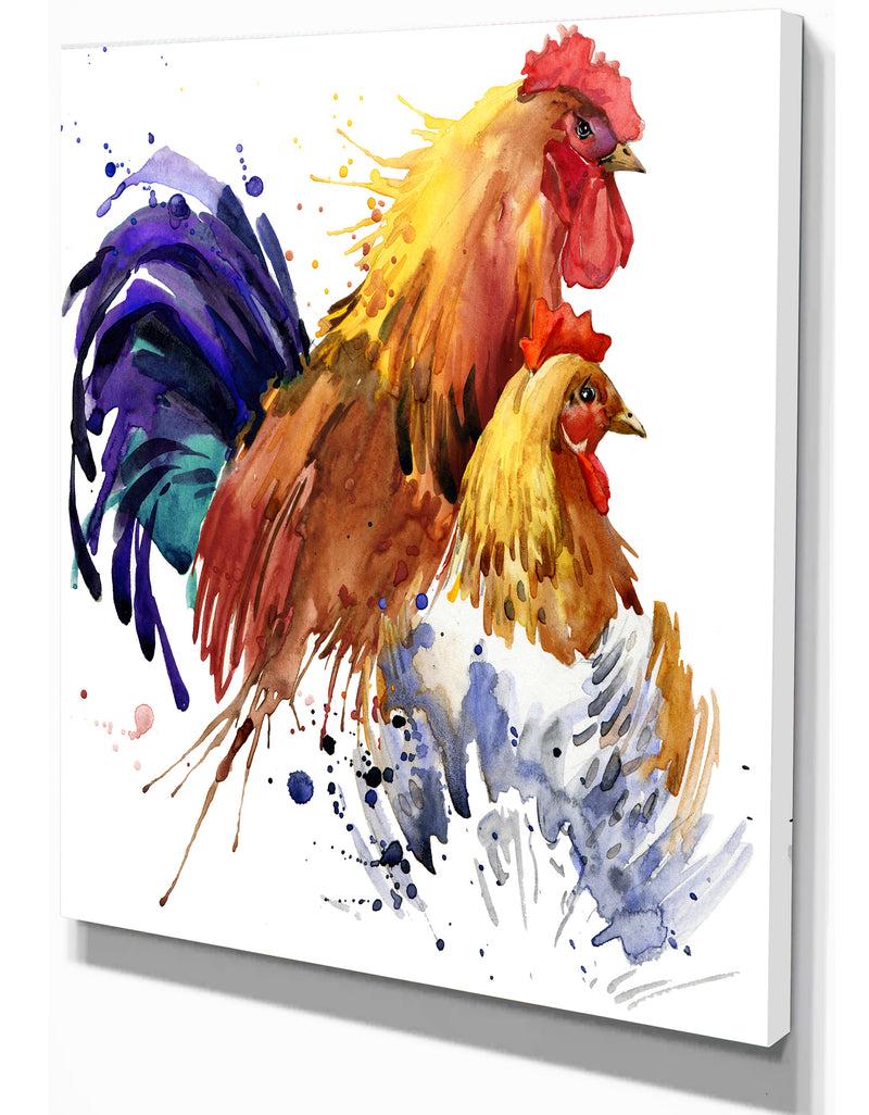 DesignQ Chicken And Rooster Family - Illustration Of Farmhouse Animals Of Painting Print On Wrapped Canvas