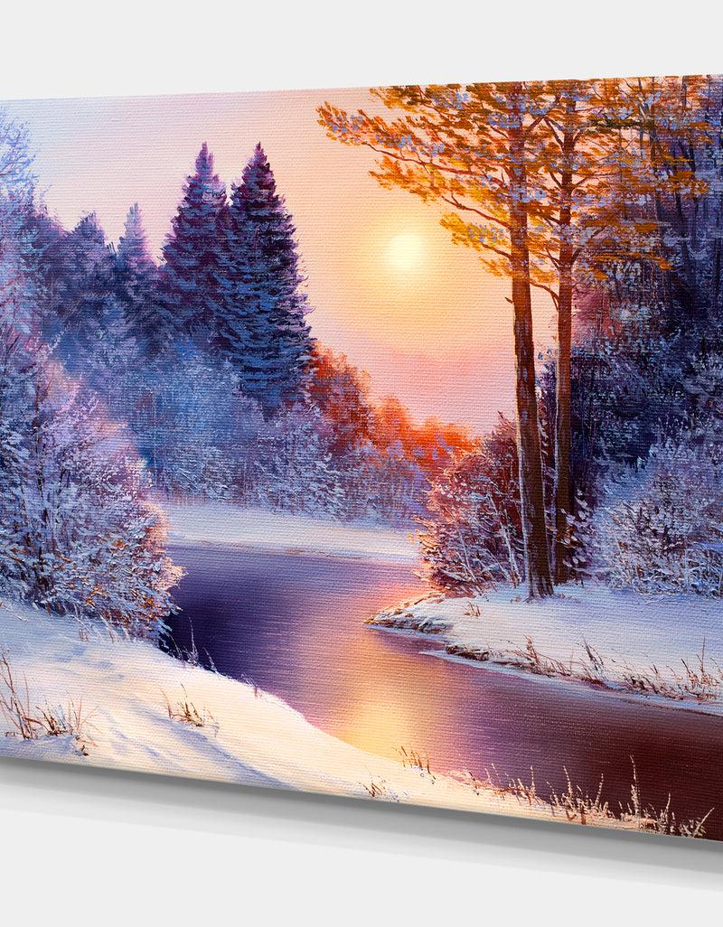 DesignQ Christmas Forest With River - Landscapes Painting Print On Wrapped Canvas