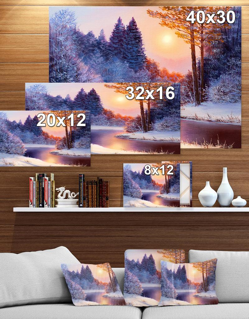 DesignQ Christmas Forest With River - Landscapes Painting Print On Wrapped Canvas