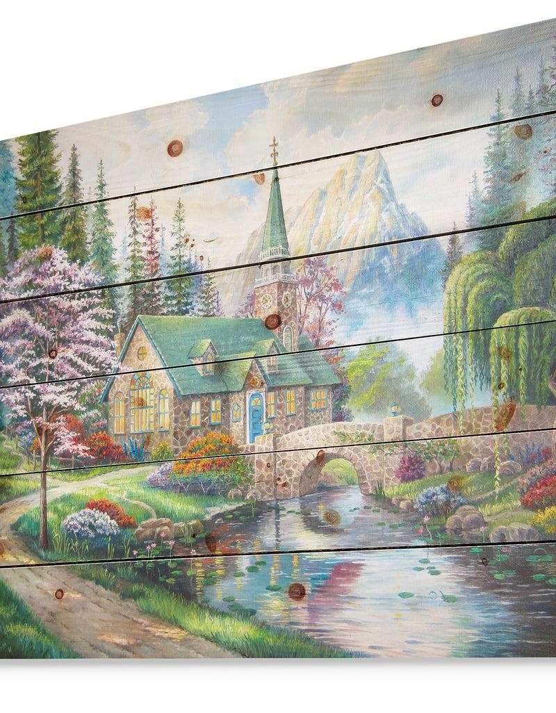 DesignQ Church In Forest Oil Painting - Landscape Painting Print On Natural Pine Wood