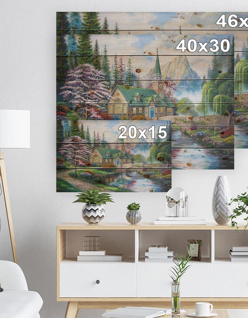 DesignQ Church In Forest Oil Painting - Landscape Painting Print On Natural Pine Wood