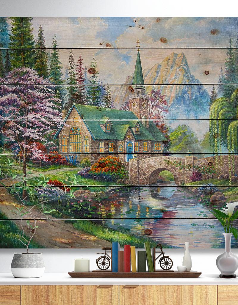 DesignQ Church in Forest Oil Painting - Landscape Painting Print on Natural Pine Wood