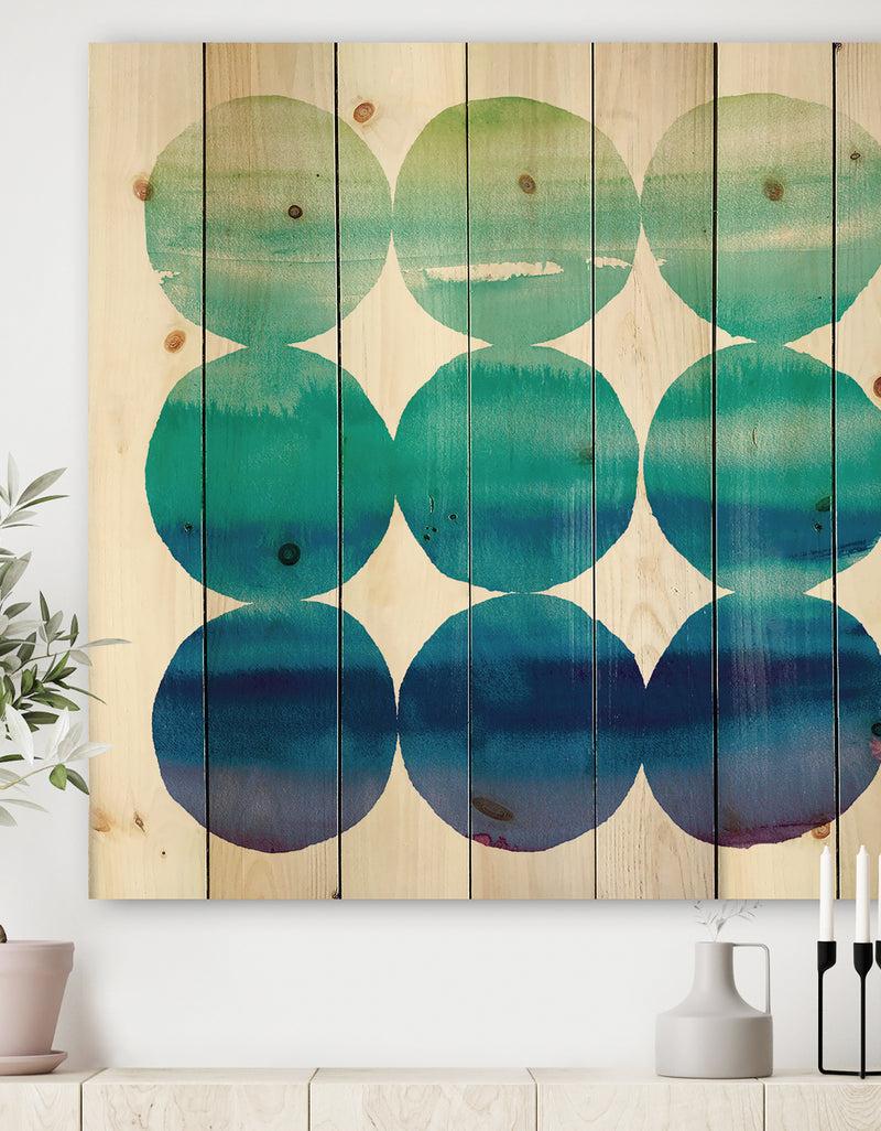 DesignQ Circle Abstract Blue Colorfields II - Mid-Century Modern Transitional Print on Natural Pine Wood