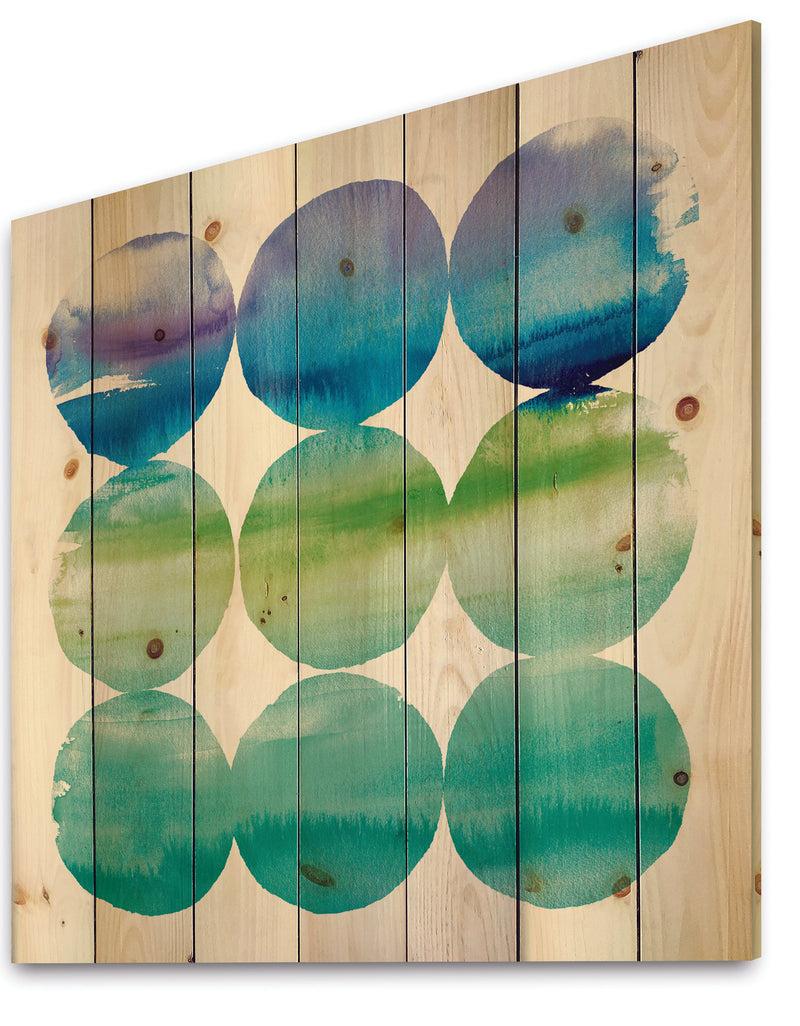 DesignQ Circle Abstract Blue Colorfields III - Mid-Century Modern Transitional Print On Natural Pine Wood