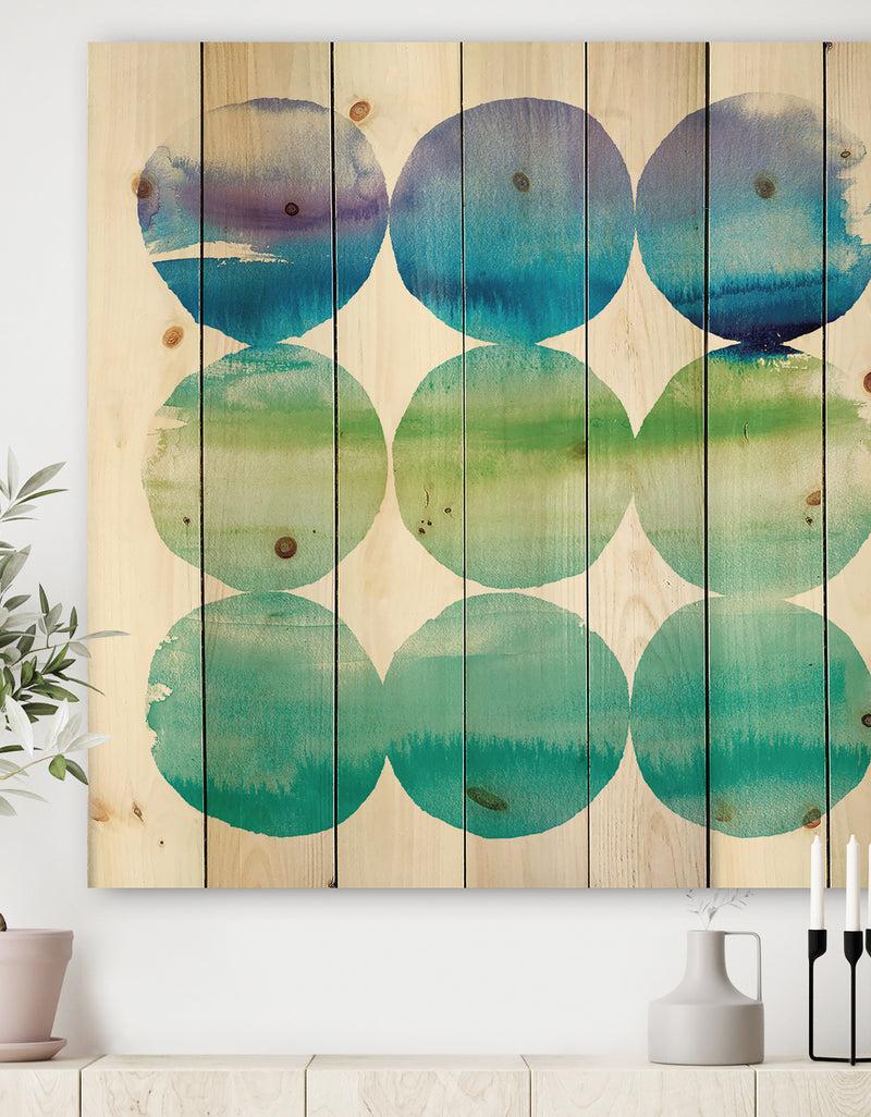 DesignQ Circle Abstract Blue Colorfields III - Mid-Century Modern Transitional Print on Natural Pine Wood