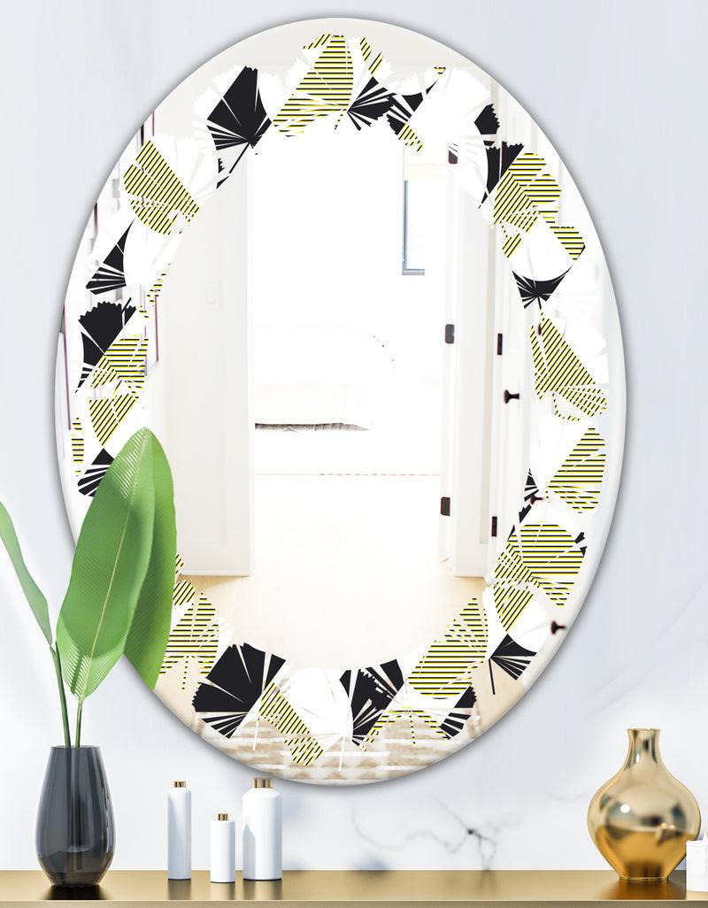 DesignQ Circular Abstract Retro Geometric II - Modern Round Or Oval Wall Mirror - Leaves