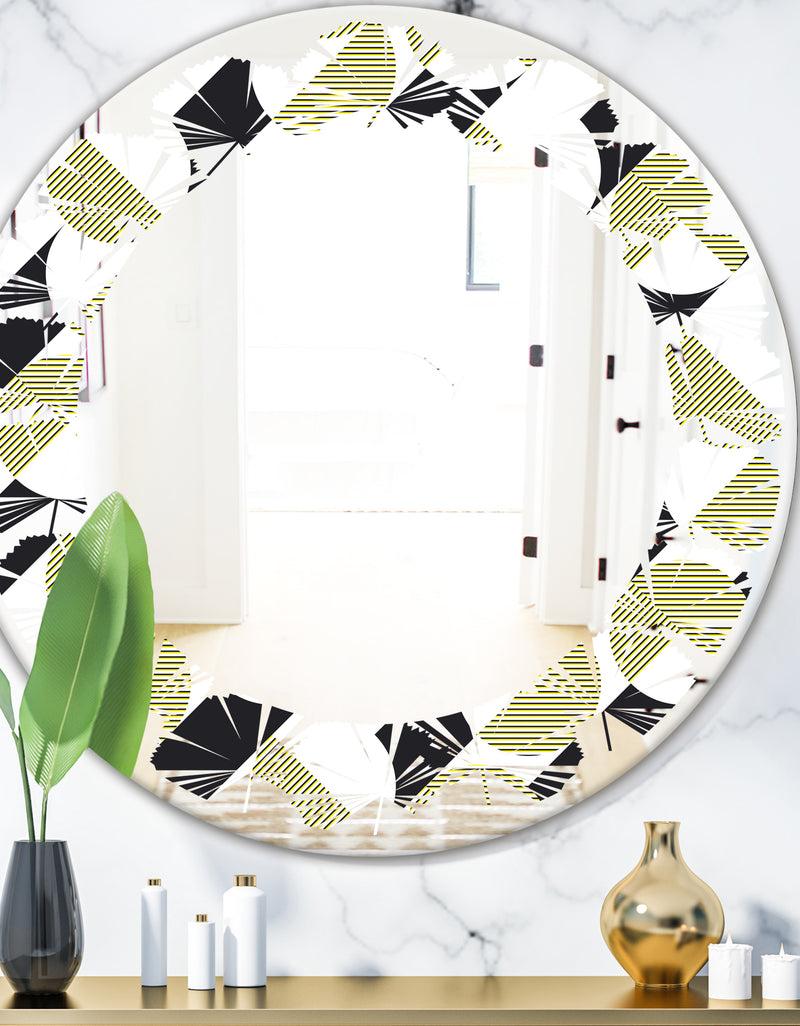 DesignQ Circular Abstract Retro Geometric II - Modern Round or Oval Wall Mirror - Leaves
