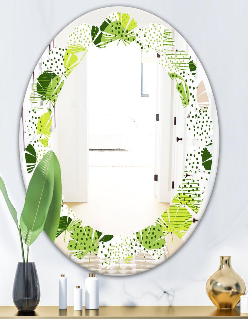 DesignQ Circular Abstract Retro Geometric X - Modern Round Or Oval Wall Mirror - Leaves