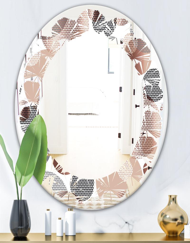 DesignQ Circular Abstract Retro Geometric XIII - Modern Round Or Oval Wall Mirror - Leaves