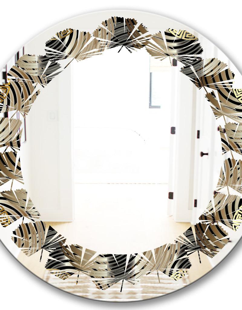 DesignQ Circular Geometric Retro Abstract I - Modern Round Or Oval Wall Mirror - Leaves
