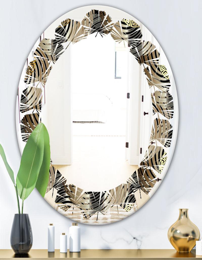 DesignQ Circular Geometric Retro Abstract I - Modern Round Or Oval Wall Mirror - Leaves