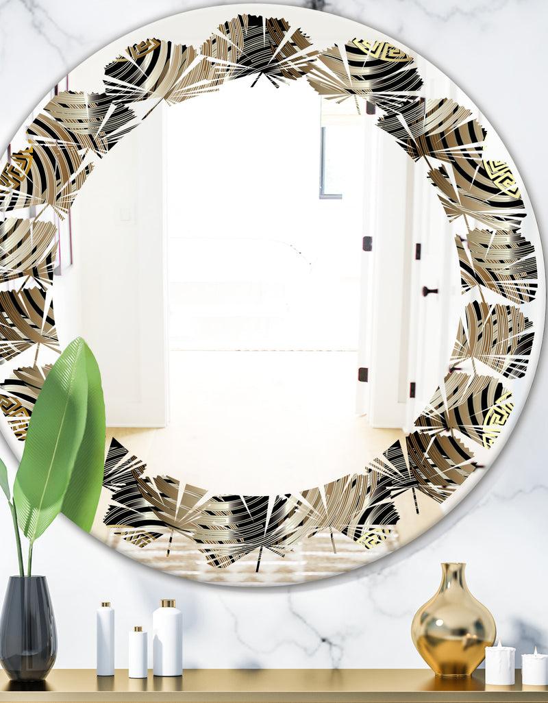DesignQ Circular Geometric Retro Abstract I - Modern Round or Oval Wall Mirror - Leaves