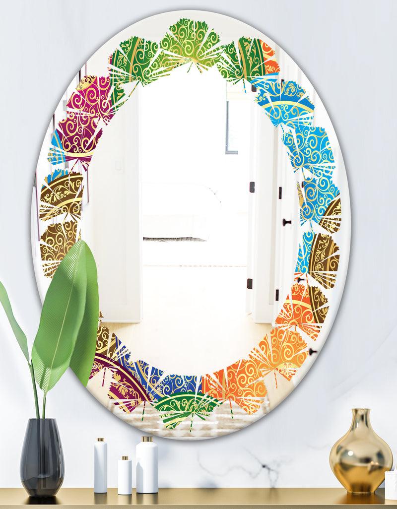 DesignQ Circular Retro Design IV - Modern Round Or Oval Wall Mirror - Leaves