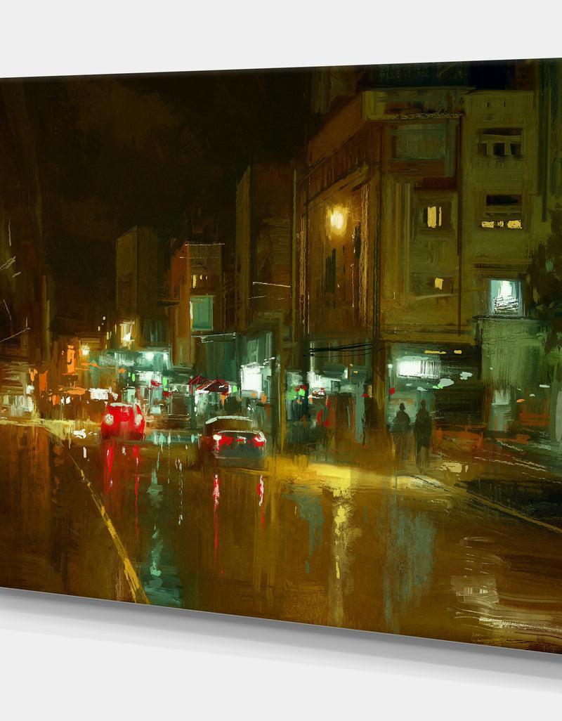 DesignQ City Street At Night In Colorful Light - Cityscapes Contemporary On Wrapped Canvas