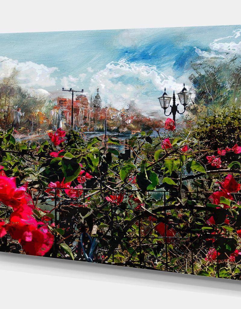 DesignQ City Tower With Flower Garden - Floral Painting Print On Wrapped Canvas On Wrapped Canvas
