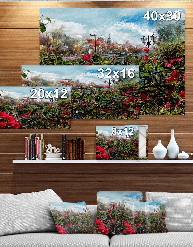 DesignQ City Tower with Flower Garden - Floral Painting Print on Wrapped Canvas on Wrapped Canvas