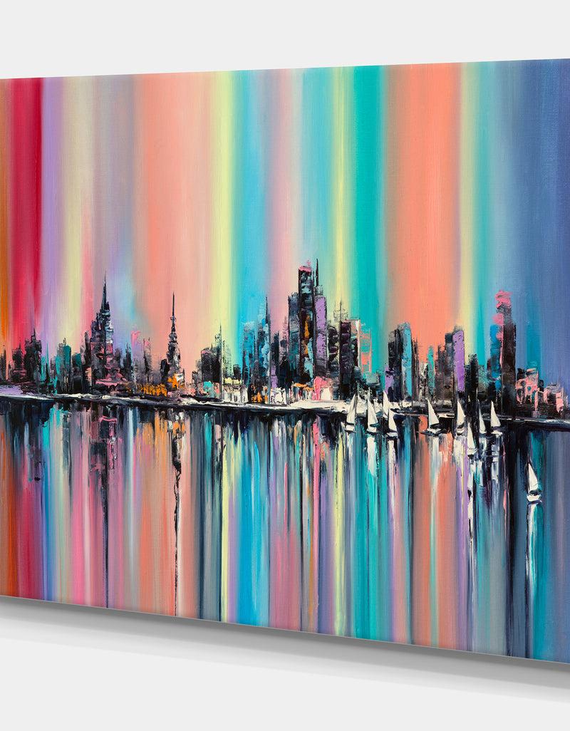 DesignQ CityUnder Rainbow Sky - Cityscapes Painting Print On Wrapped Canvas