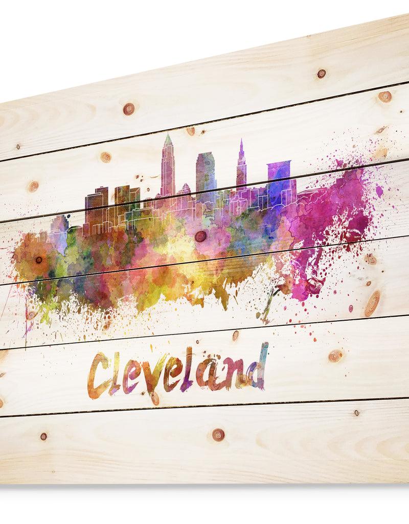DesignQ Cleveland Skyline - Cityscape Print On Natural Pine Wood