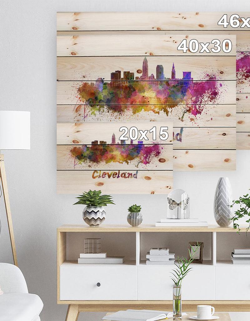 DesignQ Cleveland Skyline - Cityscape Print On Natural Pine Wood