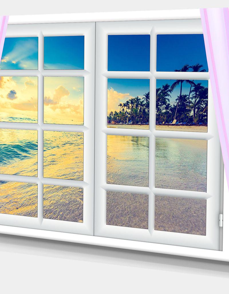 DesignQ Closed Window To Ocean Sunset - Oversized Landscape Wall Art Print
