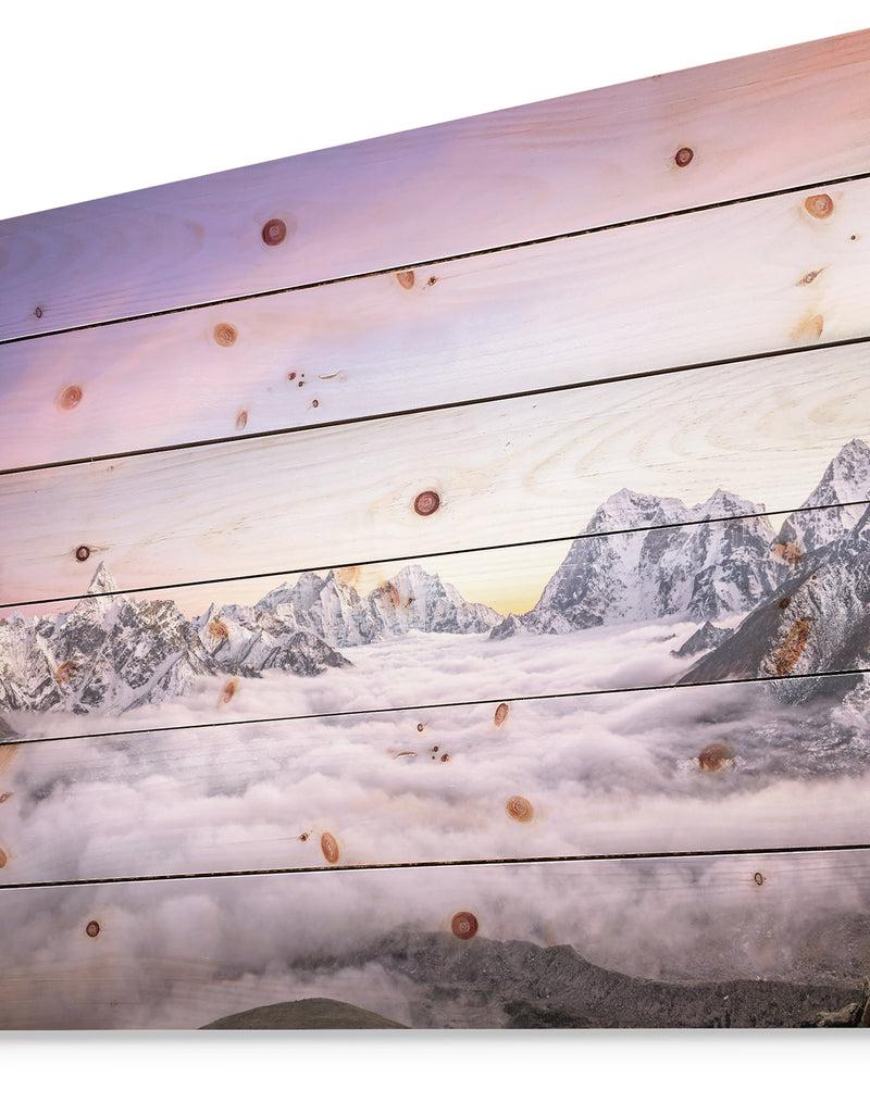 DesignQ Clouds Sunrise Ama Dablam - Landscape Print On Natural Pine Wood