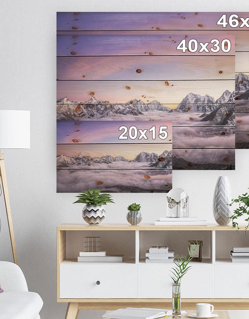 DesignQ Clouds Sunrise Ama Dablam - Landscape Print On Natural Pine Wood