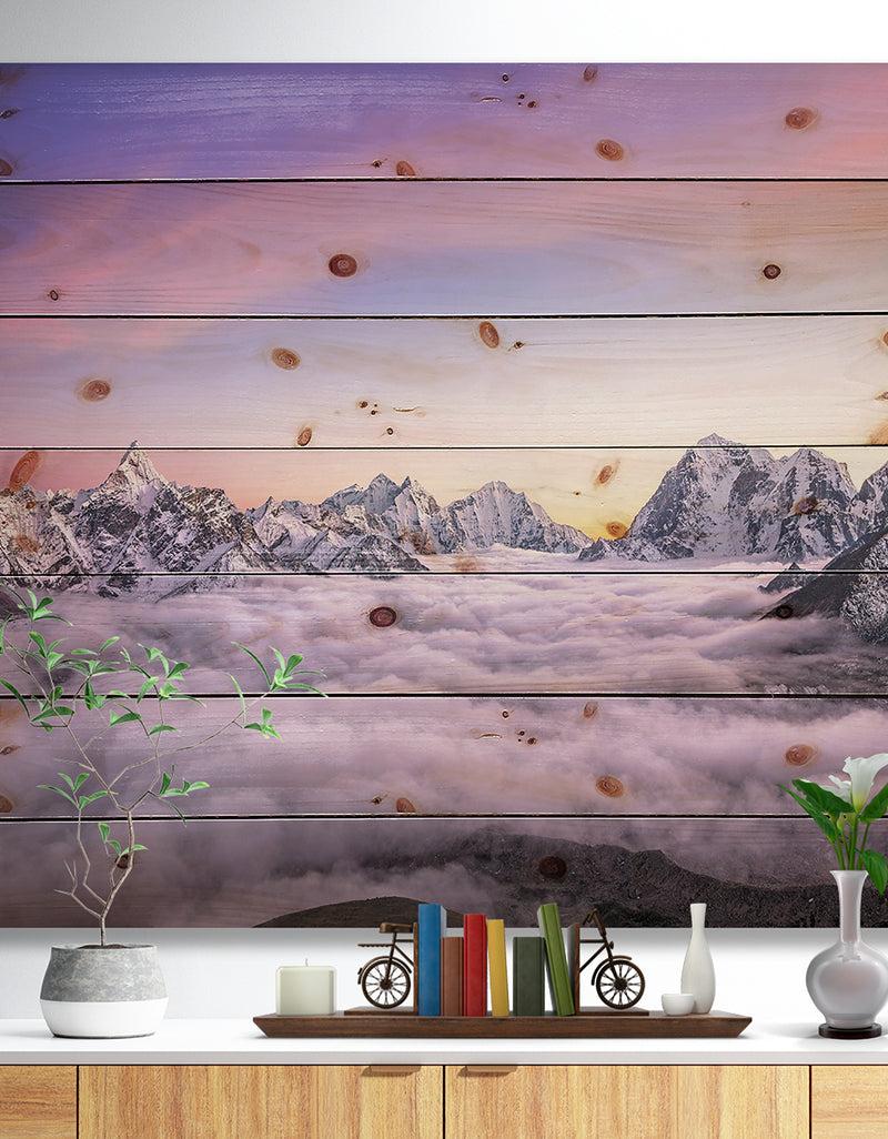 DesignQ Clouds Sunrise Ama Dablam - Landscape Print on Natural Pine Wood