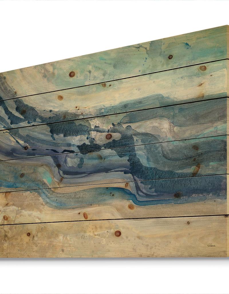 DesignQ Coast Blue Sea Waves Watercolour - Modern Farmhouse Print On Natural Pine Wood