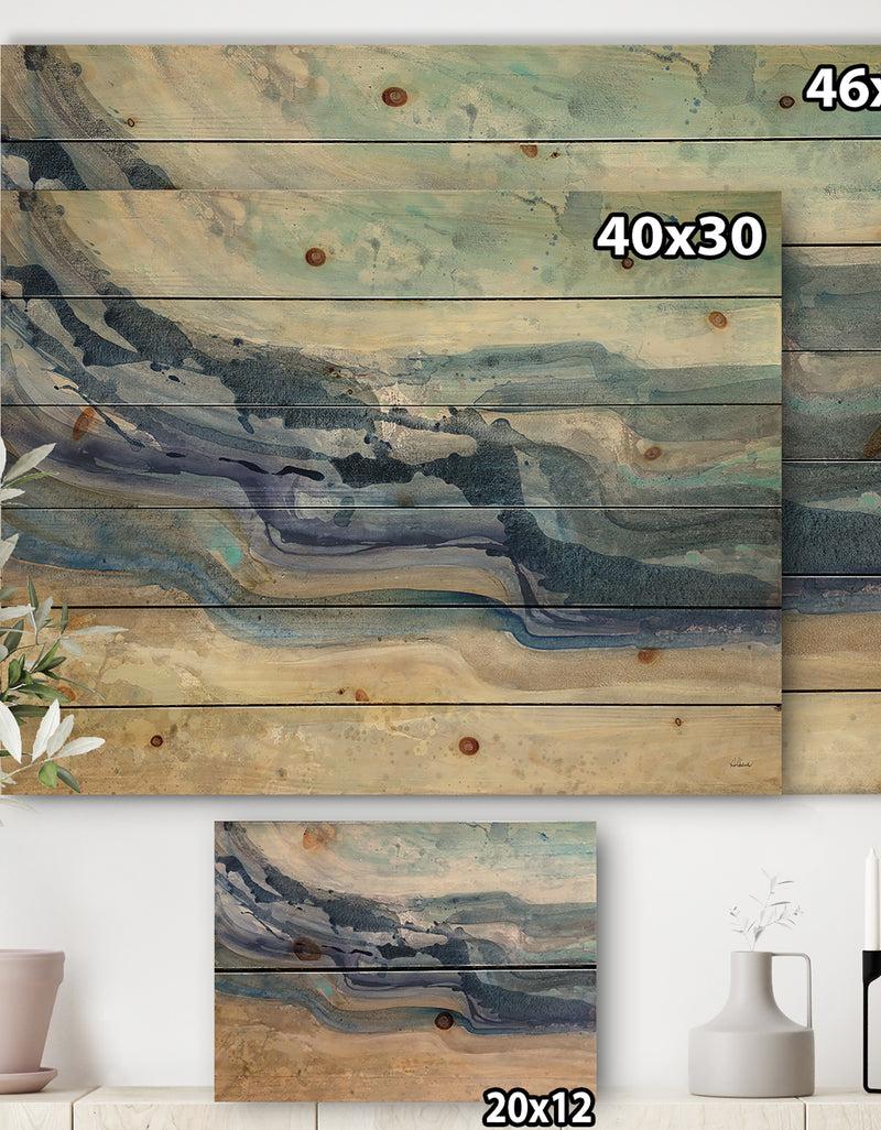 DesignQ Coast Blue Sea Waves Watercolour - Modern Farmhouse Print On Natural Pine Wood