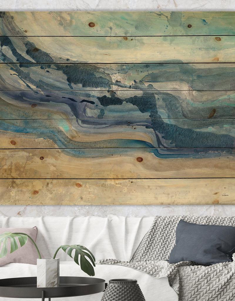 DesignQ Coast Blue Sea Waves Watercolour - Modern Farmhouse Print on Natural Pine Wood
