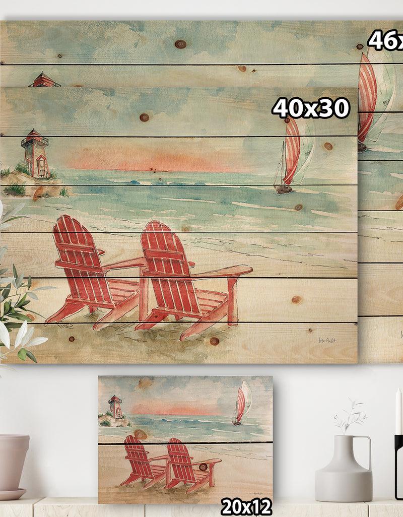DesignQ Coastal Chair Relax Beach II - Nautical & Coastal Print On Natural Pine Wood