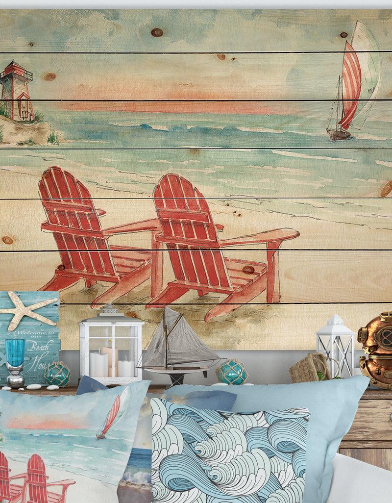 DesignQ Coastal Chair Relax Beach II - Nautical & Coastal Print on Natural Pine Wood