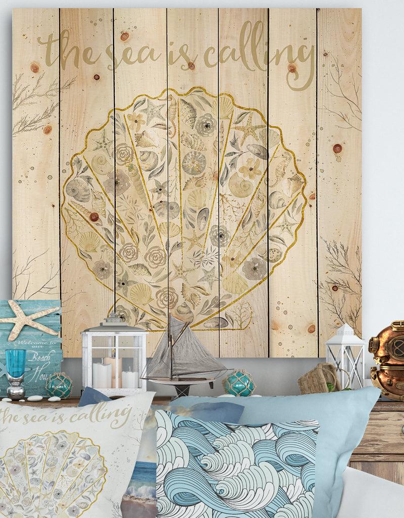 DesignQ Coastal Floral Blossoms I Neutral - Nautical & Coastal Print on Natural Pine Wood
