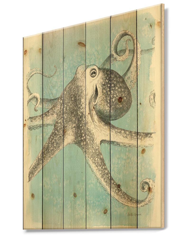 DesignQ Coastal Sea Life II Octopus Sketches - Nautical & Coastal Print On Natural Pine Wood