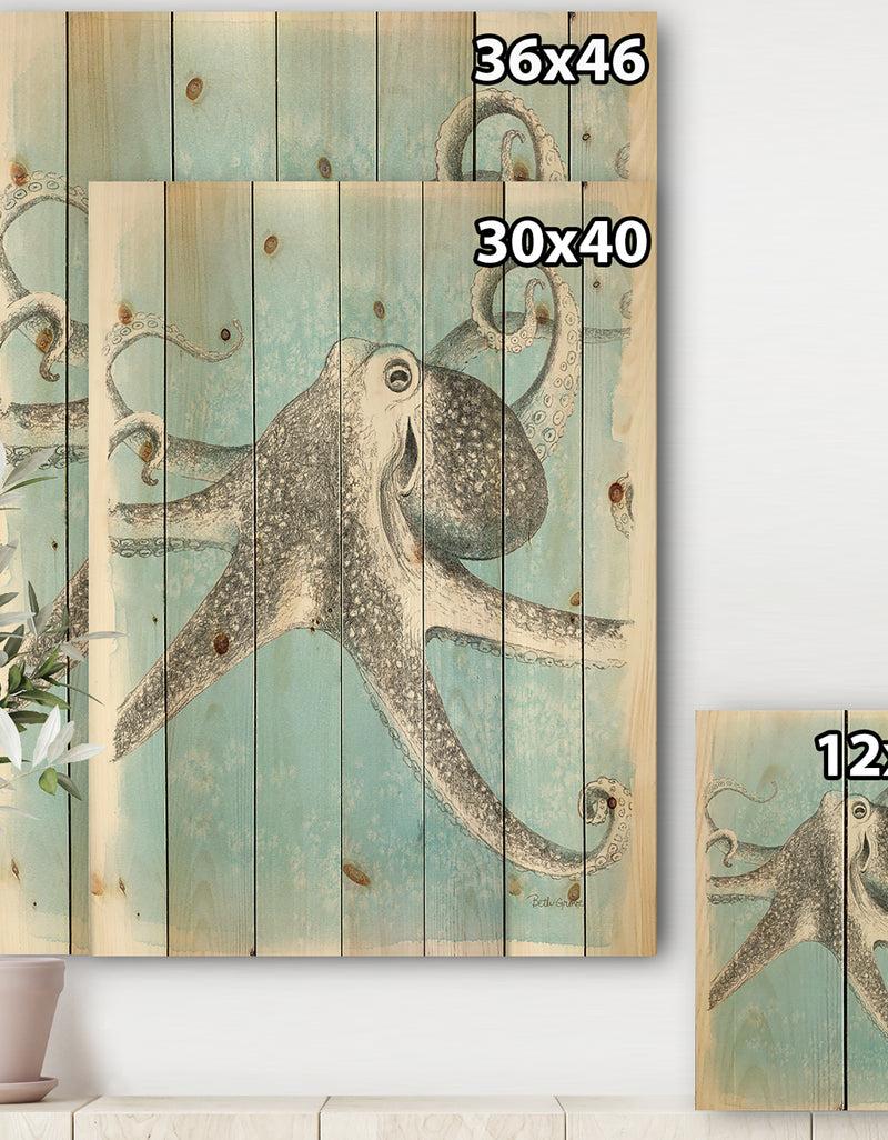 DesignQ Coastal Sea Life II Octopus Sketches - Nautical & Coastal Print On Natural Pine Wood