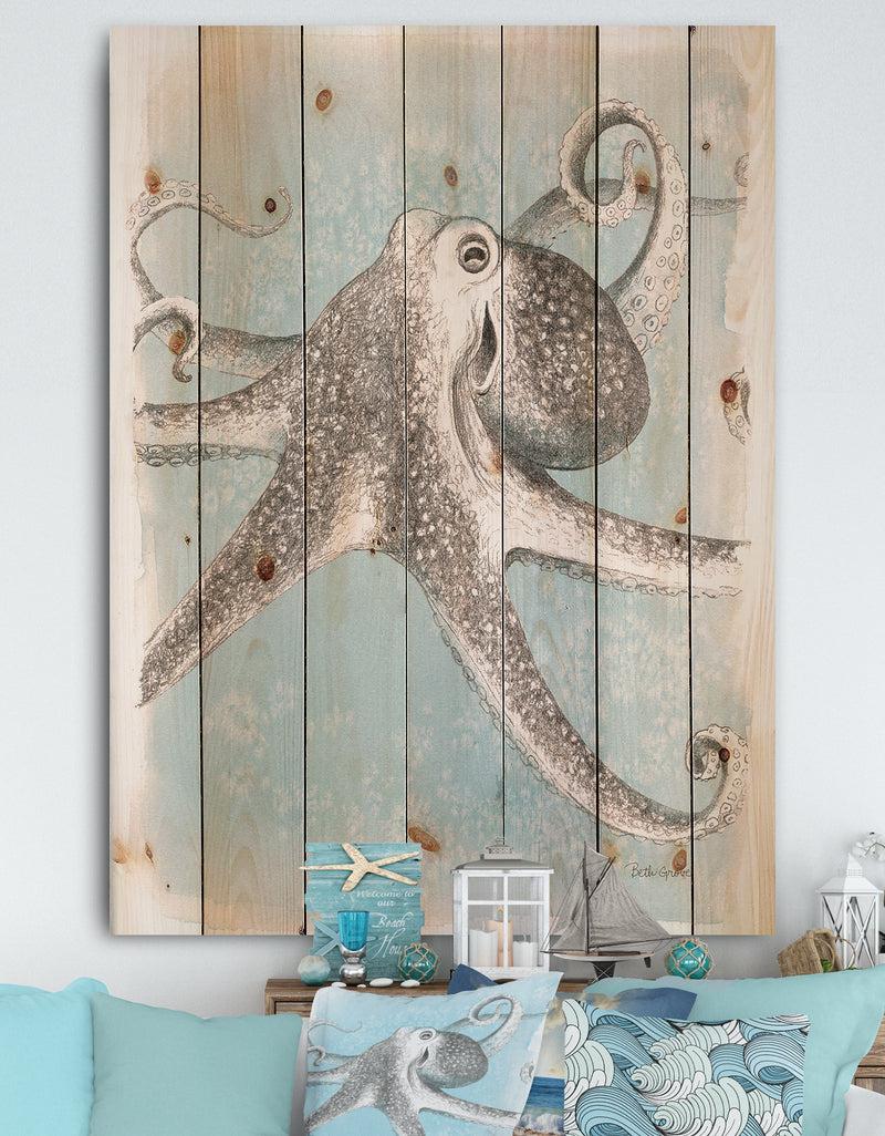 DesignQ Coastal Sea Life II octopus sketches - Nautical & Coastal Print on Natural Pine Wood