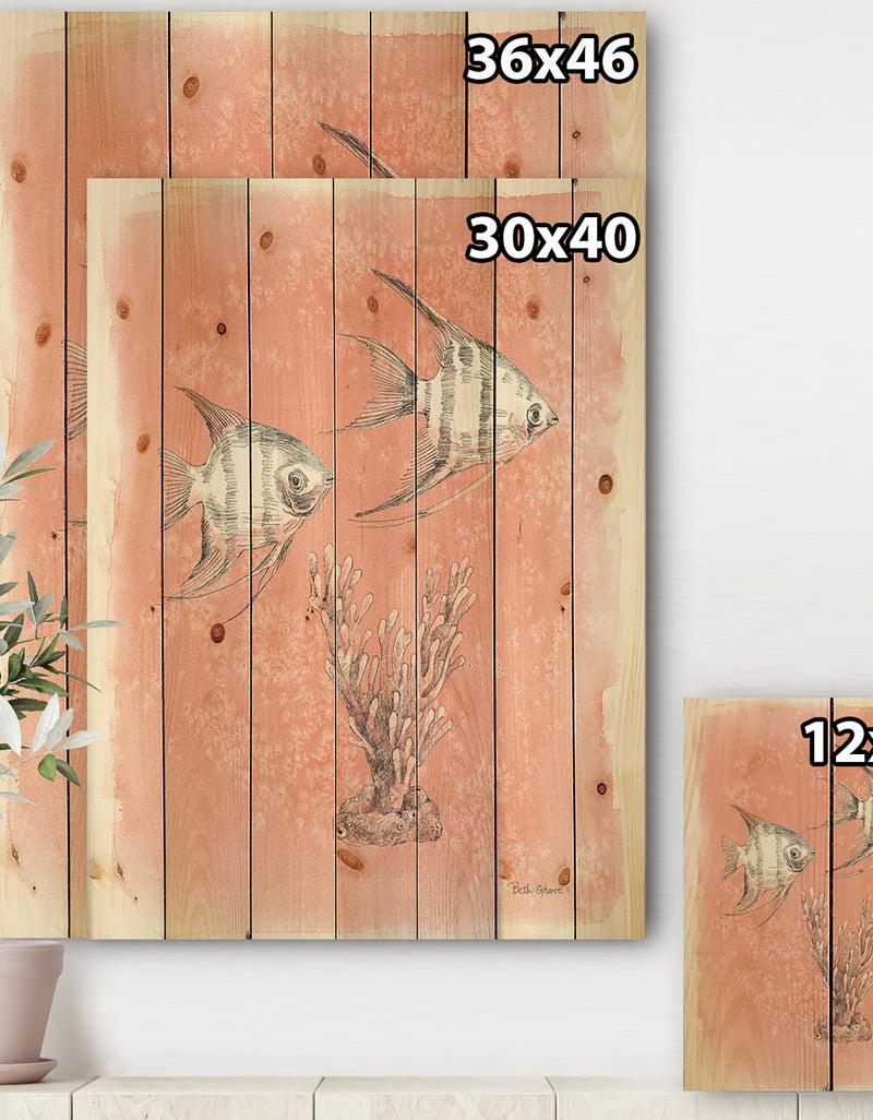 DesignQ Coastal Sea Life III Fish Sketches - Nautical & Coastal Print On Natural Pine Wood