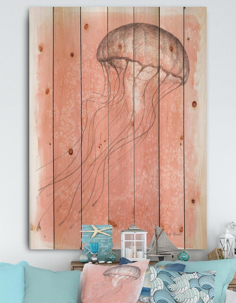 DesignQ Coastal Sea Life IV jellyfish sketches - Nautical & Coastal Print on Natural Pine Wood