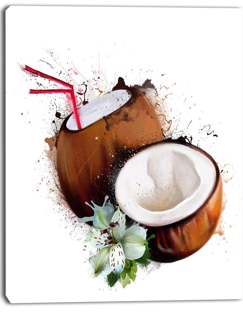 DesignQ Coconuts With Straw Watercolor - Extra Large Floral Canvas Art