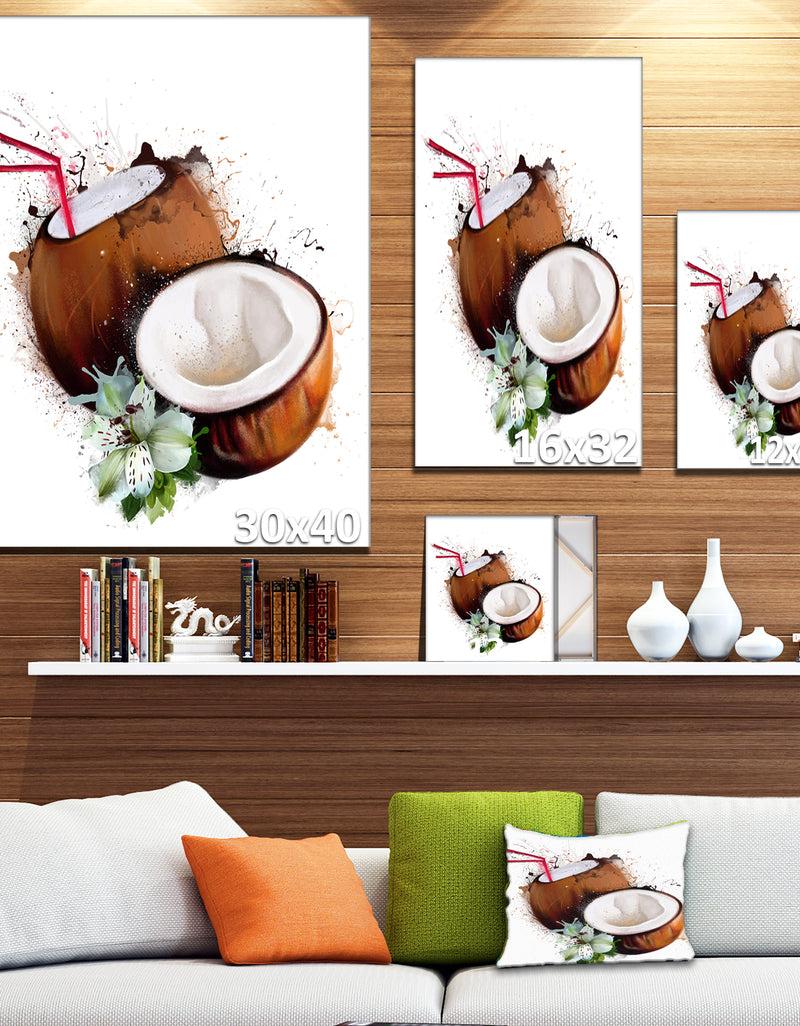 DesignQ Coconuts With Straw Watercolor - Extra Large Floral Canvas Art