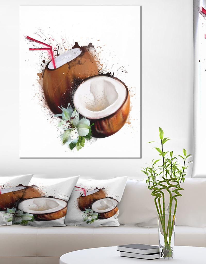 DesignQ Coconuts With Straw Watercolor - Extra Large Floral Canvas Art