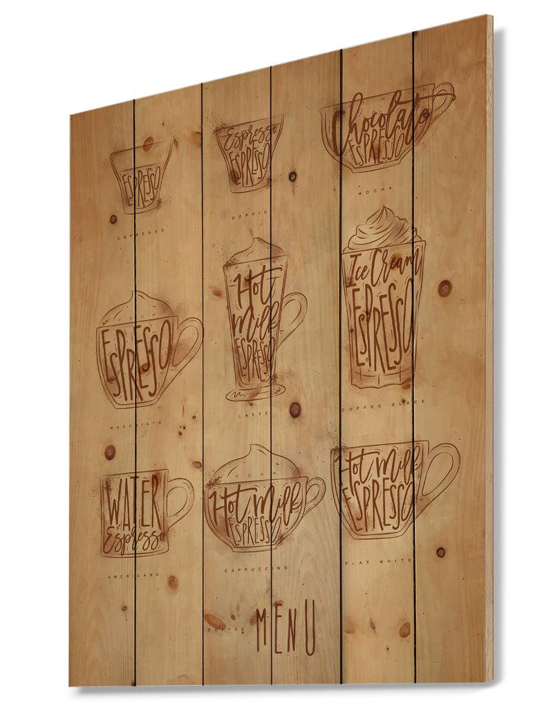 DesignQ Coffee Menu Graphic Craft - Food Painting Print On Natural Pine Wood
