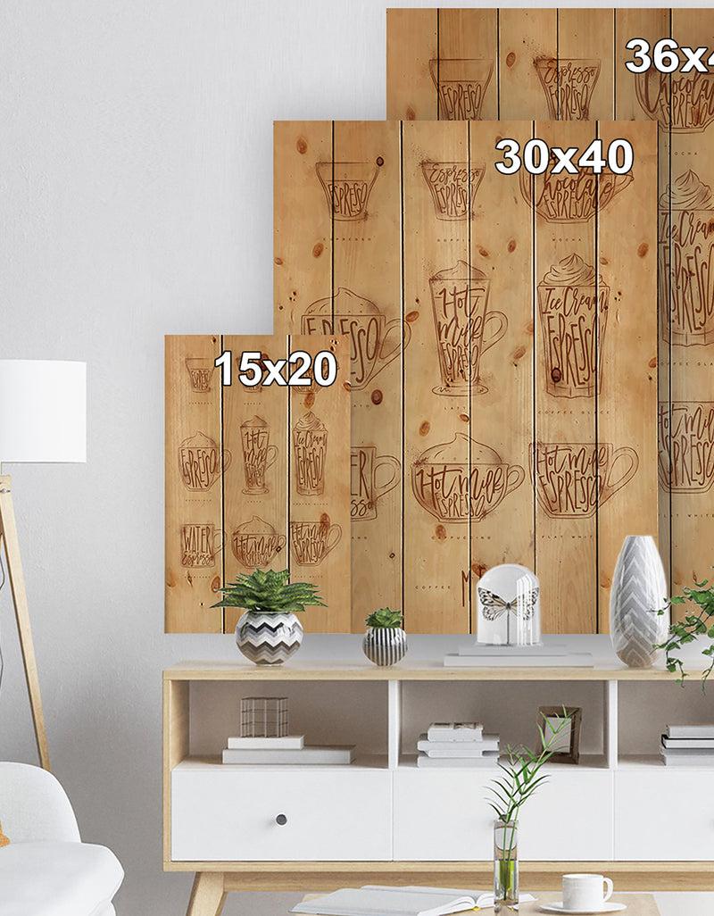 DesignQ Coffee Menu Graphic Craft - Food Painting Print On Natural Pine Wood