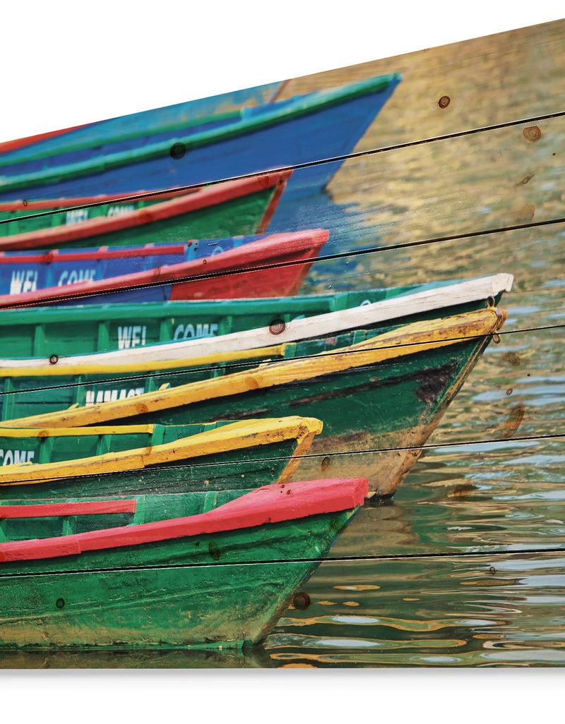 DesignQ Color Boats On Phewa Lake Nepal - Boat Print On Natural Pine Wood