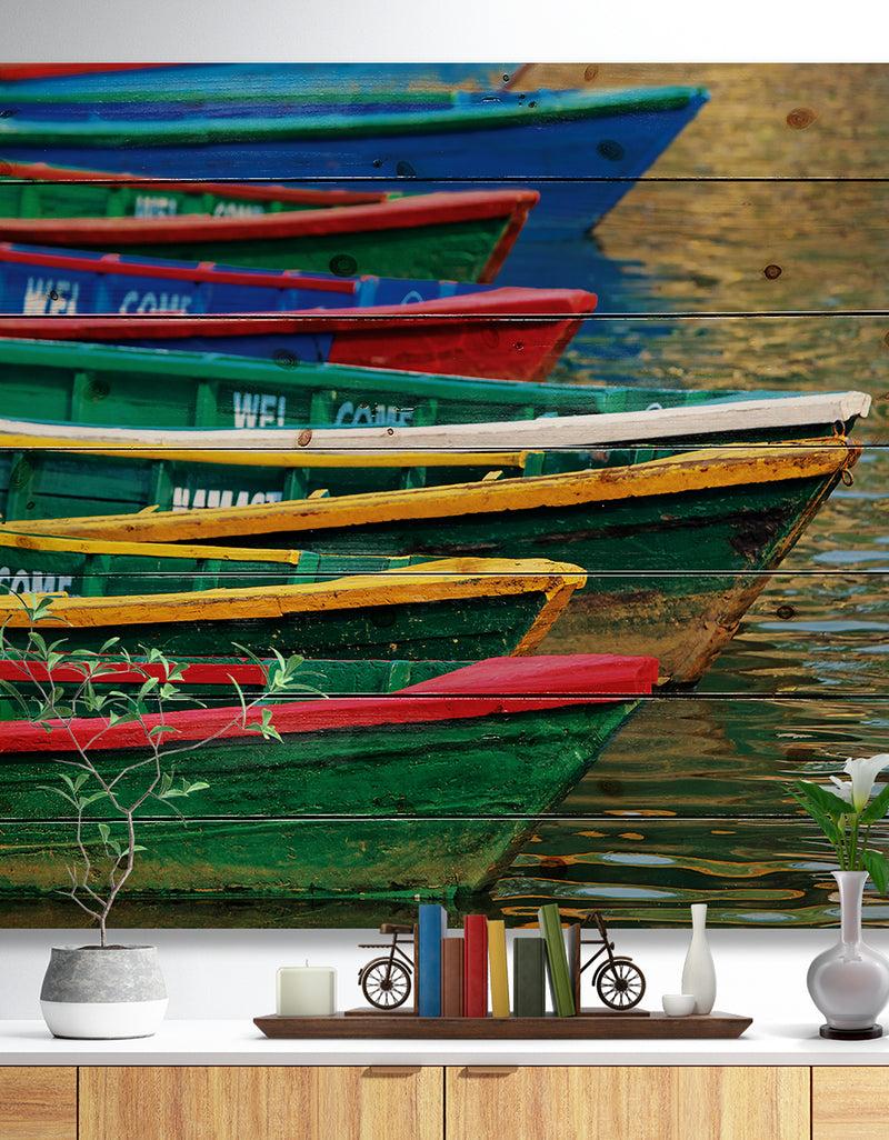 DesignQ Color Boats on Phewa Lake Nepal - Boat Print on Natural Pine Wood